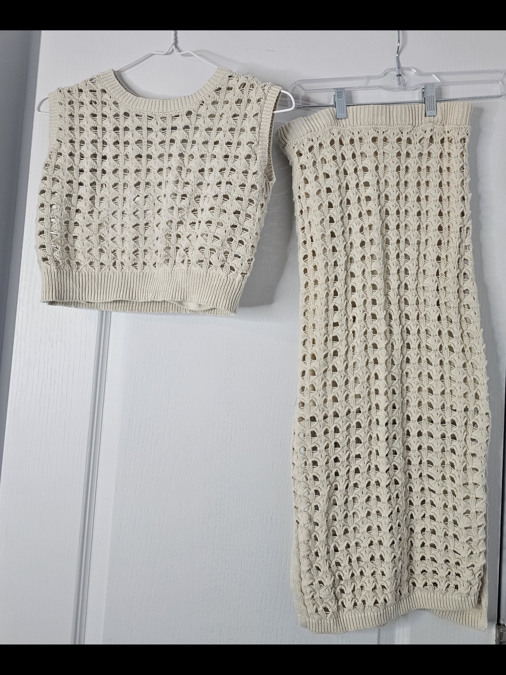 Crochet Knit Two-Piece Set in Cream — Sleeveless Crop Top & Skirt, Freshman 1996 - Picture 1 of 5